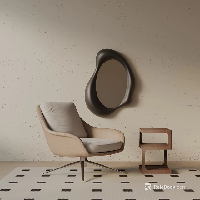 Comfortable Beige Accent Chair with Soft Cushion and Small Wooden Side Table under Black Irregular Mirror 3d model 
