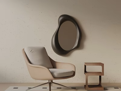 Comfortable Beige Accent Chair with Soft Cushion and Small Wooden Side Table under Black Irregular Mirror 3d model