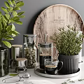 Stylish Kitchenware Display With Wooden Marble Countertop Glass Jars Fresh Herbs And Green Plants