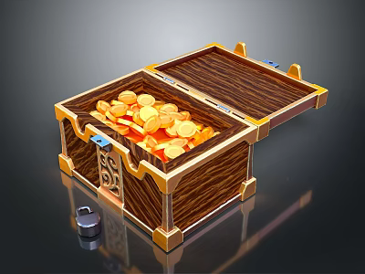 Open Wooden Storage Chest With Golden Decorations Filled With Gold Coins And Lock Beside 3d model