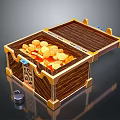 Open Wooden Storage Chest With Golden Decorations Filled With Gold Coins And Lock Beside