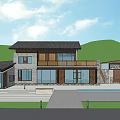 Mountain Forest Guesthouse Building With Large Glass Windows And Swimming Pool