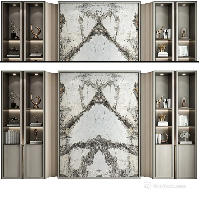 Elegant Marble Texture Background Wall With Side Display Cabinets And Decorations 3d model