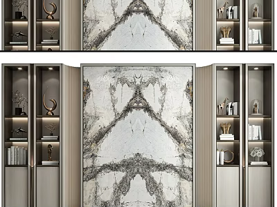 Elegant Marble Texture Background Wall With Side Display Cabinets And Decorations 3d model