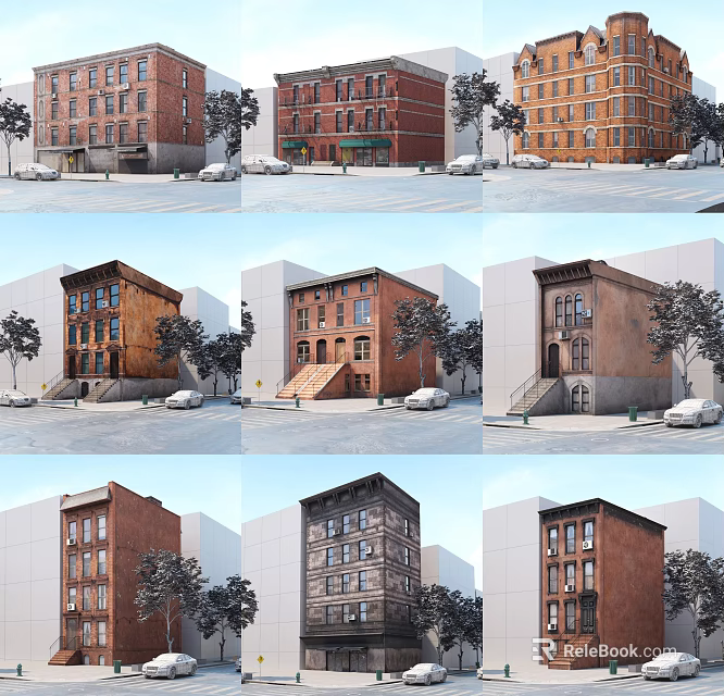 Classic Red Brick Urban Building Complex With Multi Storey Design And Street View Trees 3d model 