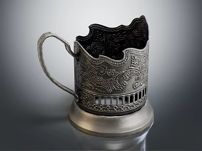 Vintage Silver Metal Cup With Intricate Floral Patterns Openwork Design And Sturdy Base 3d model