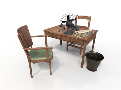 Wooden Dining Chairs With Green Cushion Near Table Fan And Books 3d model