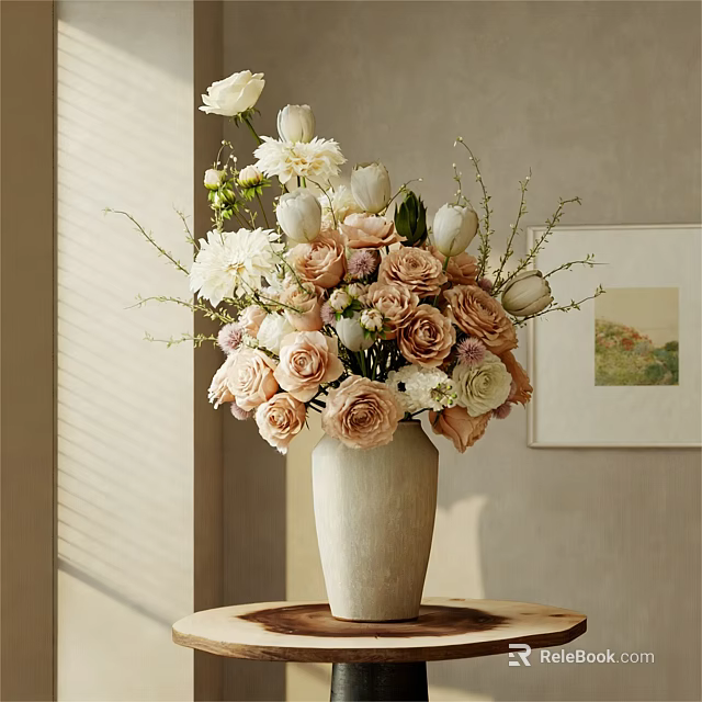 Beige Ceramic Vase With Pastel Roses And White Peonies In Natural Light Room 3d model 