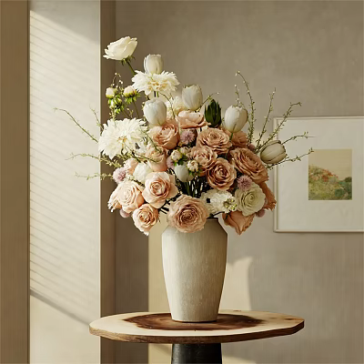Beige Ceramic Vase With Pastel Roses And White Peonies In Natural Light Room 3d model