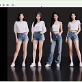 Five Women In White Tops And Denim Shorts Jeans Standing Against Black Background
