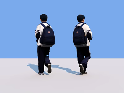 Two Students Walking With Blue Backpacks Under Blue Sky And Light Colored Ground 3d model