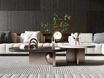 Modern Living Room Interior With Metal Frame Coffee Tables And Green Plant Decor 3d model