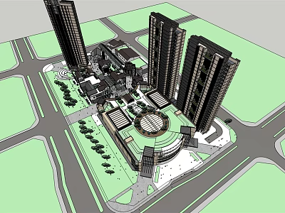 Modern Commercial Complex With High Rise Buildings Central Plaza And Landscaped Areas 3d model