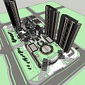 Modern Commercial Complex With High Rise Buildings Central Plaza And Landscaped Areas