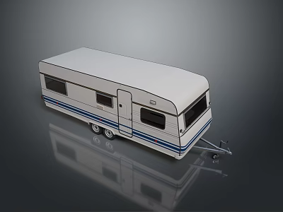 White Caravan Featuring Blue Stripes Windows Door And Tow Hitch 3d model