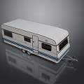 White Caravan Featuring Blue Stripes Windows Door And Tow Hitch