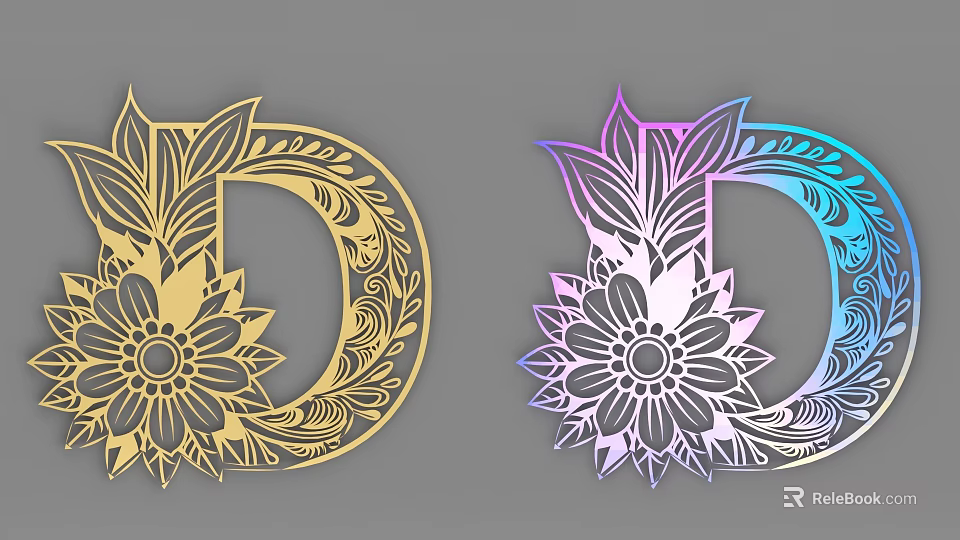 3D Decorative Letter D Design Featuring Floral Patterns Gold And Gradient Hues 3d model 