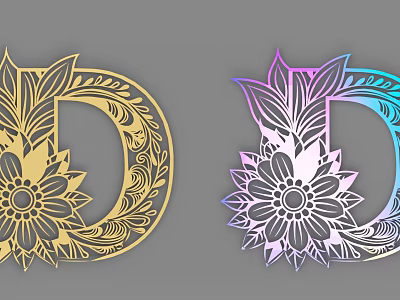 3D Decorative Letter D Design Featuring Floral Patterns Gold And Gradient Hues 3d model