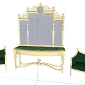 Classical Console Table With Gold Accents Green Velvet Chairs And Decorative Mirror