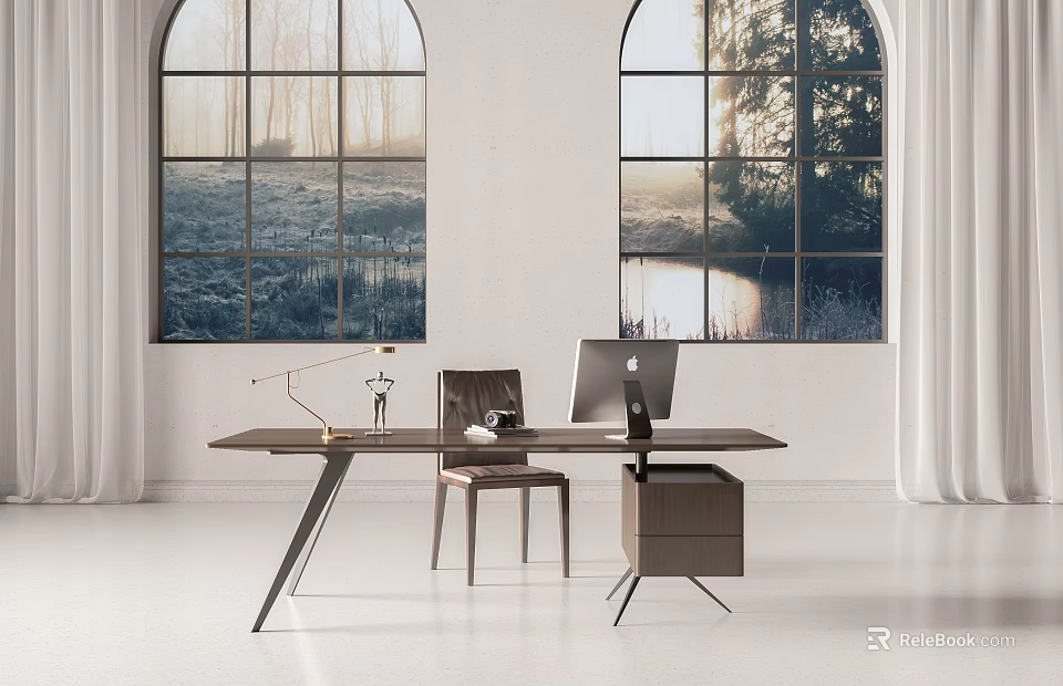 Modern Desk Setup With Arched Windows Natural View Laptop And Table Lamp In Bright Room 3d model 