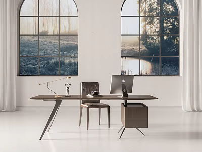 Modern Desk Setup With Arched Windows Natural View Laptop And Table Lamp In Bright Room 3d model