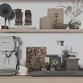 Stylish Kitchen Shelf With Coffee Machine Coffee Grinder And Decorative Items On Tray 3d model