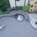 Modern Garden Patio With Greenery Walls Cat Tree And Black Cat On Stone Floor