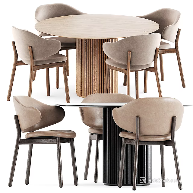 Modern Minimalist Dining Table Set With Round Top And Upholstered Chairs 3d model 