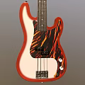 Red Electric Bass Guitar With Black And Orange Flame Patterns On Gray Background