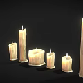 Lit Candle Lamps with Melted Wax Glowing Flames and Various Sizes Shapes on Dark Background