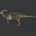 Realistic Parasaurolophus Dinosaur with Blue Crest and Brown Body on Dark Background