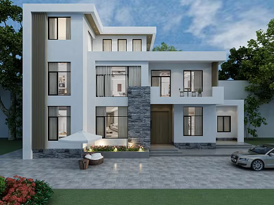 Modern Detached Villa With Large Windows Stone Path Lawn And Greenery In Front Yard 3d model