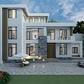 Modern Detached Villa With Large Windows Stone Path Lawn And Greenery In Front Yard