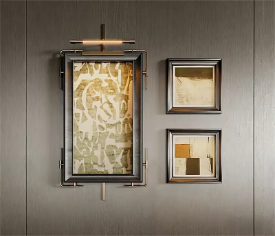 Modern Wall Decor With Large Framed Artwork And Smaller Paintings Plus Wall Sconce 3d model