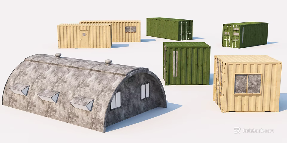 Industrial Equipment Featuring Green Beige Gray Shipping Containers And Arch Shaped Warehouses 3d model 