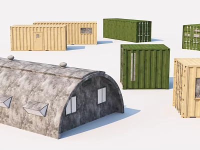 Industrial Equipment Featuring Green Beige Gray Shipping Containers And Arch Shaped Warehouses 3d model