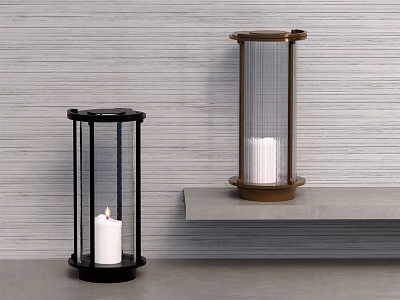 Black And Brass Candle Lamps With White Candles On Gray Shelf Against Gray Wall 3d model