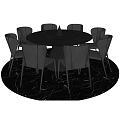 Modern Round Black Dining Table Set With Eight Gray Chairs And Marble Pattern Floor 3d model