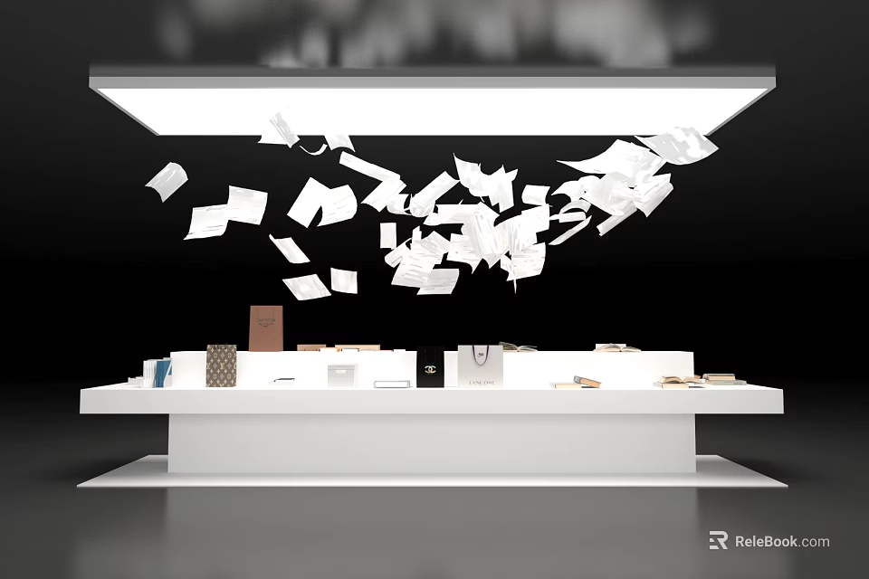 White Display Table With Items And Flying Papers Under Overhead Lighting On Black Background 3d model 
