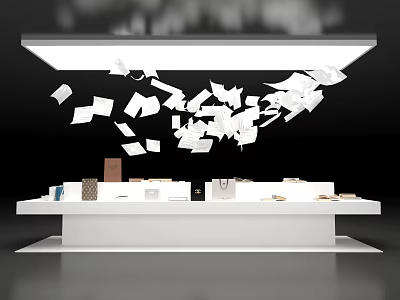 White Display Table With Items And Flying Papers Under Overhead Lighting On Black Background 3d model