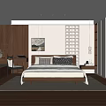 Modern Minimalist Bedroom With Wooden Lattice Accent Wall Bay Window And Area Rug