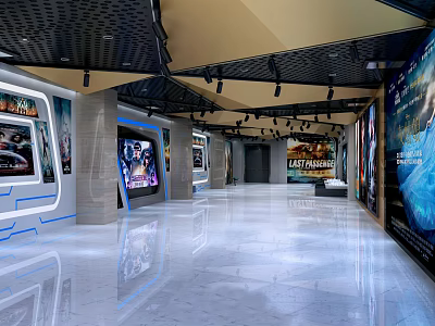 Contemporary Cinema Hall Corridor With Movie Posters Digital Screens And Bright Lighting 3d model