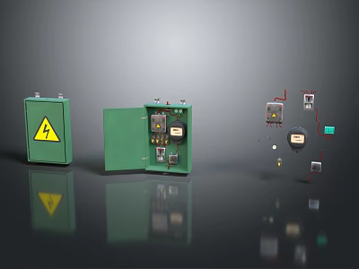 Household Green Electrical Boxes With Closed Open And Exploded Views Warning Symbols 3d model