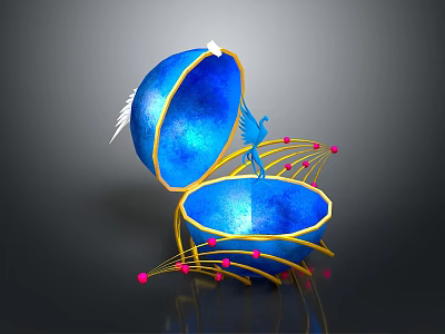 Open Blue Decorative Box With Blue Bird Yellow Lines Pink Dots And White Feathers 3d model