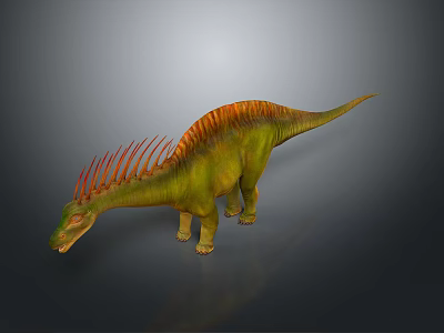 Green Dinosaur Model With Green Body Orange Red Spines And Long Tail Standing 3d model
