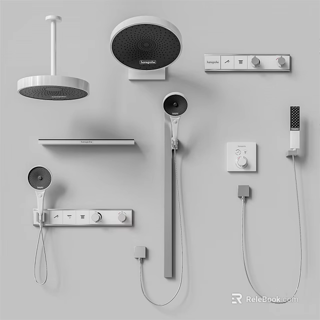 Various Types of Modern Shower Heads With Rainfall Handheld And Control Panels 3d model 