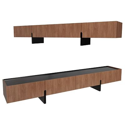 Modern Wooden TV Stand with Black Supports and Smooth Black Top Design 3d model