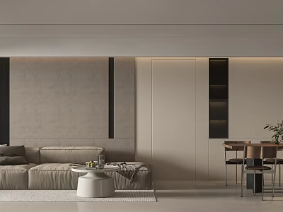 Modern Living and Dining Room Interior With Beige Sofa Dining Table And Neutral Wall Design 3d model