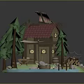 Charming Wooden Cabin With Red Roof Pine Trees Small Boat By Water Swing And Waterwheel