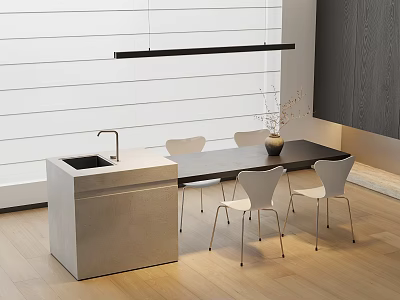 Modern Minimalist Dining Table Set with White Chairs Sink Counter Hanging Light and Window Blinds 3d model